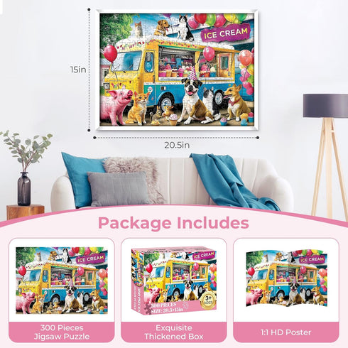 Nitktaia 300 Summer Family,20.5*15In Piece Puzzle for Adult,Ice Cream Truck Jigsaw Puzzle,Unique Fun Colorful Puzzle