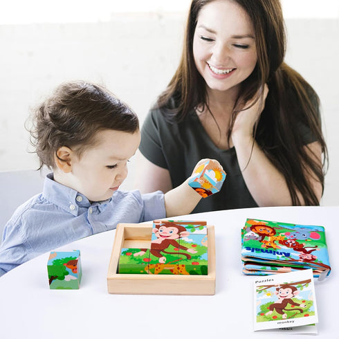 Wooden Animals Block Puzzles for Kids Ages 2-4 with Book, Educational Interactive Toys Gift for Boys and Girls