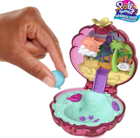 Polly Pocket Sparkle Beach Shell Compact with Micro Doll & Ocean Pet, Dolls & Accessories, Travel Toy with Water Play