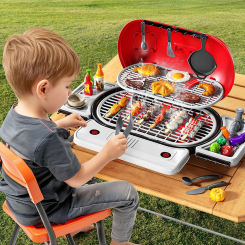 Playset 4-8, 3 4 5 6 7, 2-Layer Set, 3-5 Kids BBQ Grill for Kids Ages Play Kitchen Toys with Smoke & Light for Boys