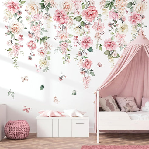 wondever Large Pink Flowers Wall Stickers Hanging Vine Floral Leaves Peel and