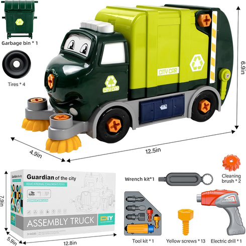 Brixlytoys Set, 3 4 5 6 7 8 Trucks Take Apart Toys with Electric Drill, DIY Electric City Clean Truck Toy Disassembly
