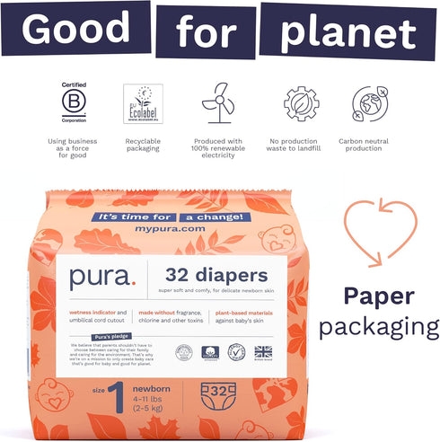 Pura Size 1 Eco-Friendly Diapers (4-11lbs), Hypoallergenic Soft Organic Cotton, 3 Packs of 32