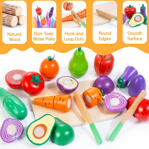 Set, 3 4 5 6 7 WOODMAM Wooden Play Food for Toddlers, Color Food Groups, Fruit & Veggies Cutting Pretend Play Food