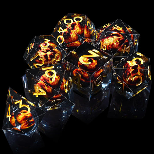 AUSTOR 7 Die DND Dice Set: 7 Pieces Red Flame Dragon Resin Dice with Case