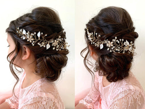 SWEETV Gold Flower Girl Headband for Wedding, Baby Girl Pearl Hair Piece, Birthday Party Photography