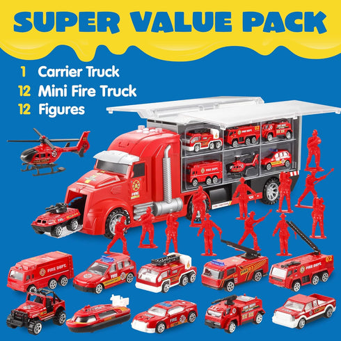 JOYIN 25 in 1 Fire Truck Vehicle Toy Set with Sounds and Lights, Mini Rescue Fire Truck Car Toy for Boys Over 3