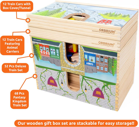 ORBRIUM 52 Pcs Deluxe Wooden Train Set - Wooden Storage Box Tunnel Compatible with Thomas, Brio, Melissa