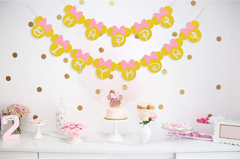 Pink and Gold Glitter Happy Birthday Banner, Minnie Themed Party Supplies Decoration for Girls