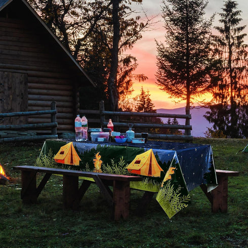 Breling 2 Pieces Camping Party Decorations, Plastic Rectangular Campfire Table Cover for Birthday Party Supplies