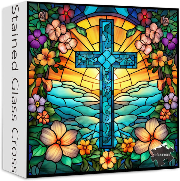 Cross Stained Glass Puzzles for Adults 1000 Pieces, PICKFORU Colorful Flower Christian Puzzle for Home Decor