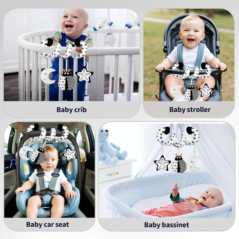 Car Seat Toys for Babies 0-6 Months, Hanging Rattle Toys for Crib Mobile, Black and White High Contrast Stroller Toys