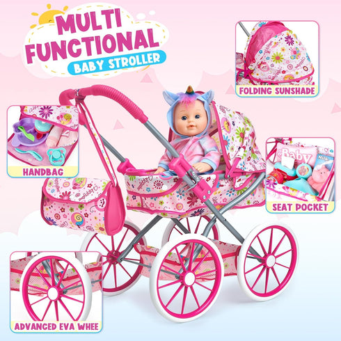12 Set 3 4 5 6 26pcs Horse/2 3-5-7 Golray in Baby Doll Toys with Stroller for Year Old Girl - Babydoll with Accessories