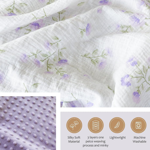 Baby Blankets for Unisex Boys Girls, Super Soft Minky Blankets with Breathable Muslin Cotton Front, Floral Printed