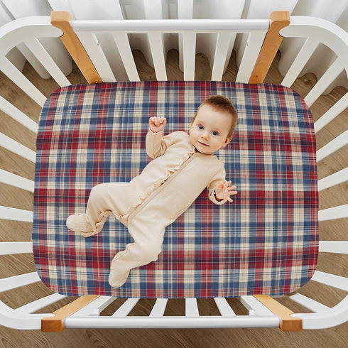 Vdsrup 39 27 5In Crib Sheets for Boys Girl Red Blue Beige Plaid Neutral Mini Crib Mattress Sheets Fitted, Toddler Baby