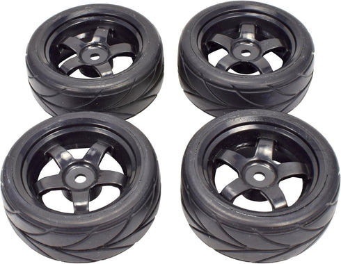 Apex RC Products 1/10 On-Road Black 5 Spoke Wheels with V Tread Rubber Tires (Set of 4) #5000