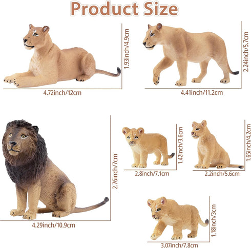 Toymany 6PCS Realistic Lion Figurines - Jungle Animals Family Set with Baby Lions, Educational Toy for Kids