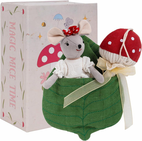 LEVLOVS Mouse Doll, Christmas Mouse in a Box, Sister Mouse in Matchbox, Linen Doll with Mushroom in Leaf Bed