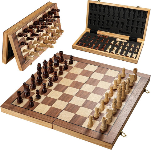 Magnetic Chess Board Set for Adults & Kids, 15" Wooden Folding Chess Game with Pieces Storage Slots