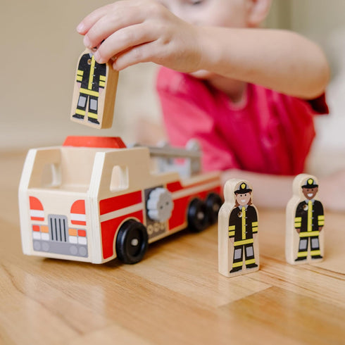 Melissa & Doug Wooden Fire Truck with 3 Firefighter Play Figures, Fire Truck Toys for Kids, Classic Wooden Toys