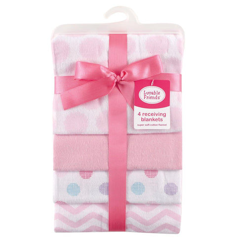 4-Pack, Luvable Friends Unisex Baby Cotton Flannel Receiving Blankets, Pink Dots One Size