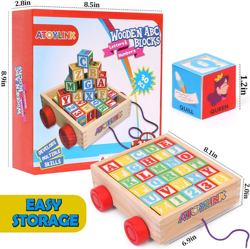Atoylink ABC Wooden Building Blocks - 30 Pcs Alphabet & Number Stacking Toys with Storage Pull Toy Car for Toddlers 1-3