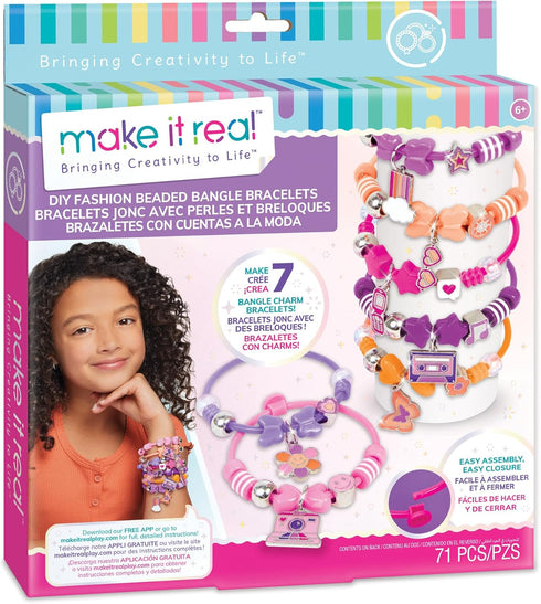 Make It Real DIY Fashion Beaded Bangle Bracelets, Create 7 Bracelets, 71pcs All-in-1 Jewelry Kit for Girls Ages 8+
