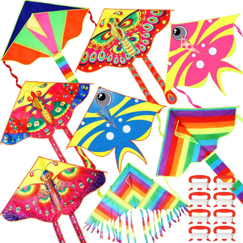 8 Pack Kites for Kids, Butterfly Kite, Fish Kite, Large Rainbow Delta Kite, Easy to Fly Beach Kites with 109 Yard String