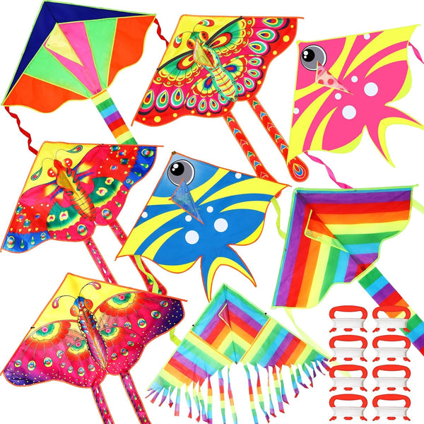 8 Pack Kites for Kids, Butterfly Kite, Fish Kite, Large Rainbow Delta Kite, Easy to Fly Beach Kites with 109 Yard String