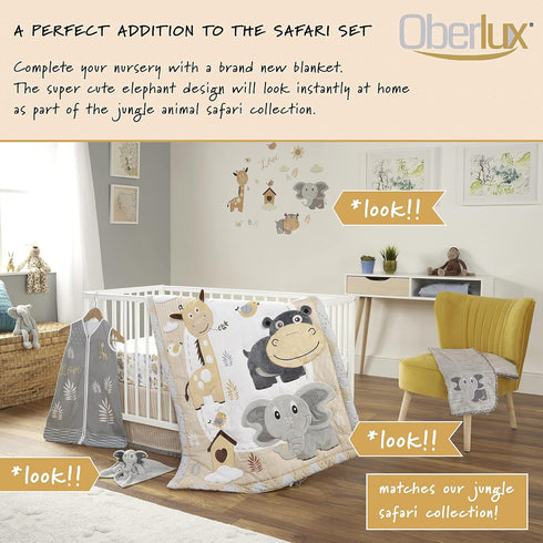 Baby Blanket with Elephant Embroidery, Unisex, Super Soft, Jungle Animal Safari Collection, Gray/Multicoloured, 30x40
