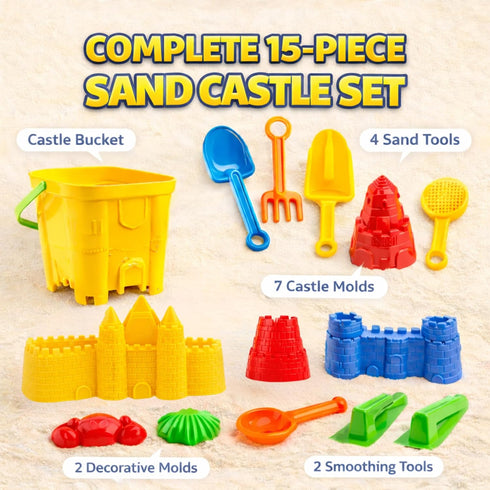 15-Piece Set Liberty Imports Sand Castle Building Kit - Ultimate Beach Toy with Large Bucket, Rake, Shovels, Molds