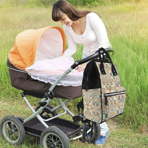 FSQDJLU Backpack Vintage Patchwork Quilted Diaper Bag for Women, Large Capacity Waterproof Travel Bag with Stroller