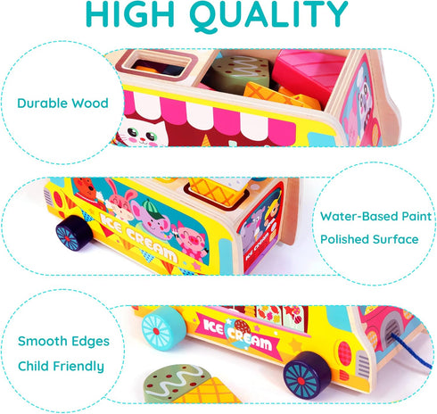 28 2-5 HELLOWOOD Wooden Ice Cream Truck, pcs Magnetic Ice Cream Sweet Treats Pretend Play Food & Accessories