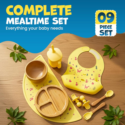 Set 8 Set Bamboo & Silicone Baby Feeding PCS | Baby Led Weaning Supplies Self Feeding | Divided Suction Plate Bowl Bib