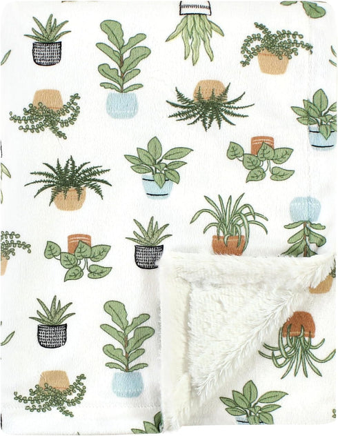 Hudson Baby Unisex Plush Blanket with Furry Binding and Back, Plants, One Size