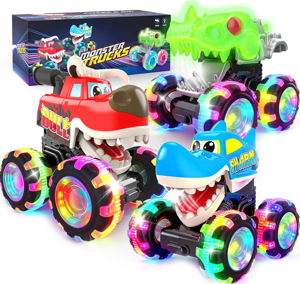 Pnooe Monster Truck Toys, 3 Pack Light Up Cars for Toddlers, Baby Animal