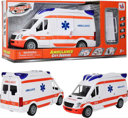 Set Kiddie Play Ambulance Toy with Lights and Sound Friction Powered Emergency & Rescue Vehicle Doors That Open and a