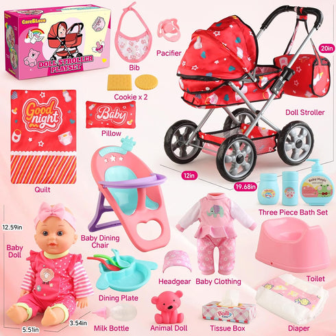 HuceePlay Set 3-5, 12.5" 2 Sets Playset 3 4 5 Baby Doll Stroller for Toddler Girls A Babydoll with Baby Doll