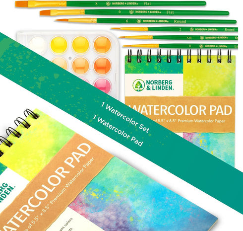 Norberg & Linden Watercolor Paint Set - 36 Premium Paints, 12 Page Pad, 6 Brushes, Palette, Art Supplies