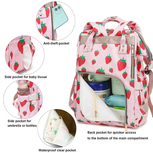 Yusudan Backpack Strawberry Diaper Bag for Baby Girls, Mom Waterproof Large Nappy Bags for Women