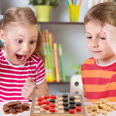 48 Pieces Wooden Checkers, 1.06 Inch Stackable Ridge Pieces with Drawstring Storage Pouch, Red Black Dark Brown