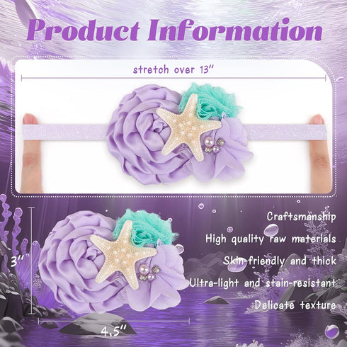 YanJie Baby Girl Mermaid Headbands - Aqua Glitter Accessories, Starfish Bows for Newborn Party, Lavender