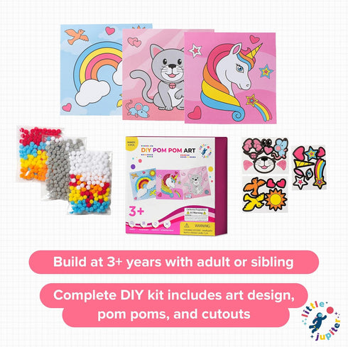 Little Jupiter DIY Pom Pom Art - Makes 3 Art Pieces, Crafts for Kids Age 3-5, Set 2 Unicorn, Rainbow, Cat