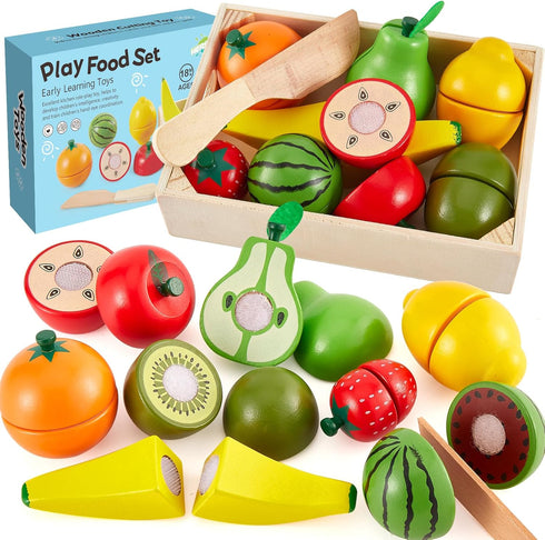 HERSITY Wooden Play Food for Kids Kitchen Cutting Fruits Toys Pretend Play