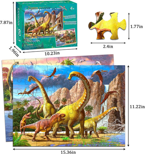 Dinosaur Puzzles for Kids Ages 4-8, 2 Packs 60 Pieces Jigsaw Puzzle for Toddler Learning Toys