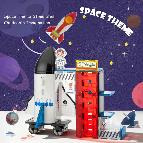 30 Set, 3-8 VROGTIK Space Magnetic Tiles for Kids, Piece STEM Magnetic Building Blocks Rocket Ship Space Station