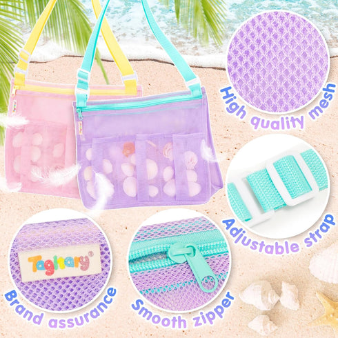 Summer Tagitary Beach Toys Mesh Beach Bags with Zipper, Kids Pool Sand Toys Seashell Crossbody for Boys and Girls