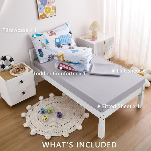4-Piece Set Set Cars Toddler Bedding for Boys Girls- Soft & Skin Friendly Toddler Bed Includes Toddler Comforter, Flat