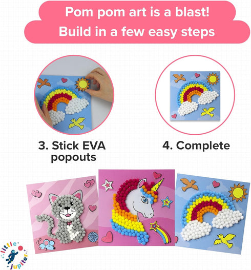 Little Jupiter DIY Pom Pom Art - Makes 3 Art Pieces, Crafts for Kids Age 3-5, Set 2 Unicorn, Rainbow, Cat