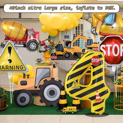 JUANBUDONG Set,Yellow 4 Balloons,4th Construction Theme Balloons and Black Striped Construction Foil Number